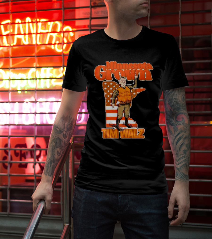 Minnesota Grown Tim Walz Thumbs Up American Flag State Outline T-Shirt