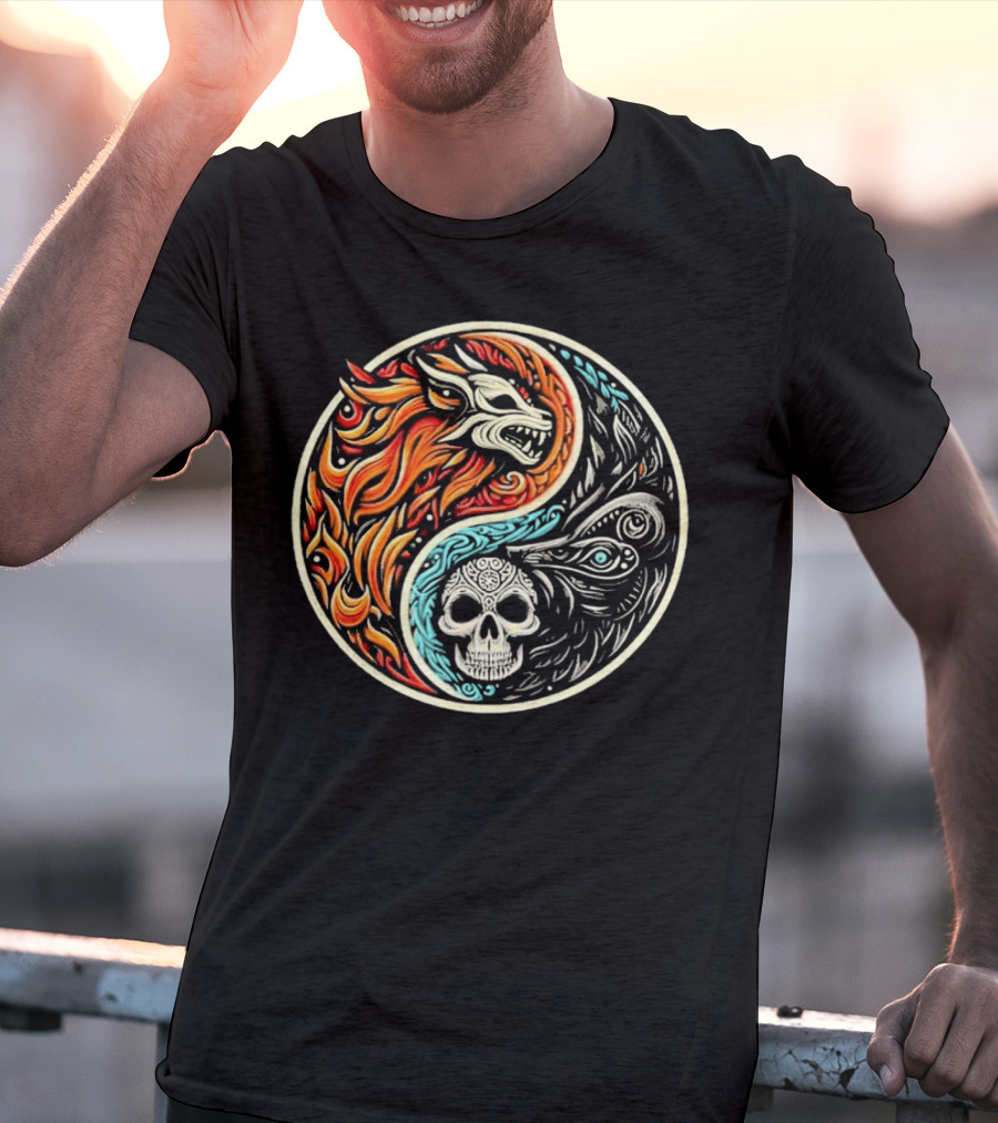 Wolf Warrior Yin Yang Skull Flame Elements T-Shirt