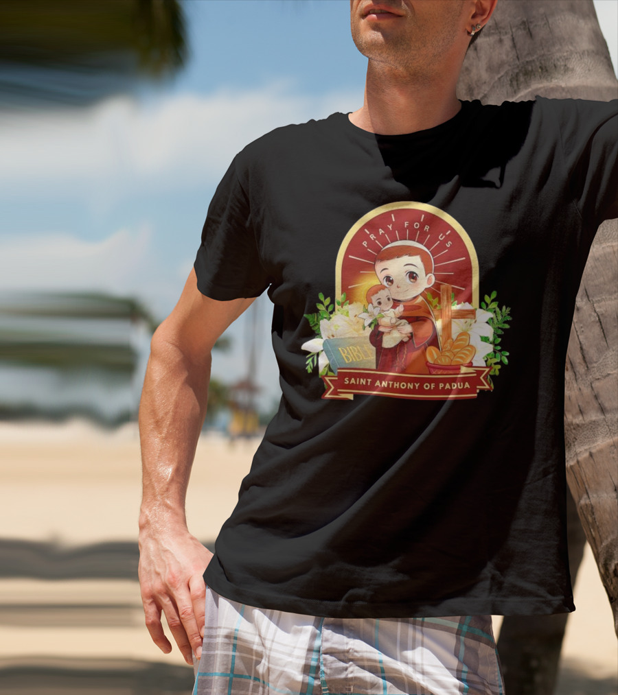 Saint Anthony Of Padua Pray For Us Cartoon With Bible And Bread T-Shirt