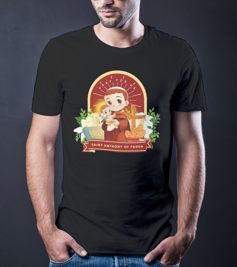 Saint Anthony Of Padua Pray For Us Cartoon With Bible And Bread T-Shirt