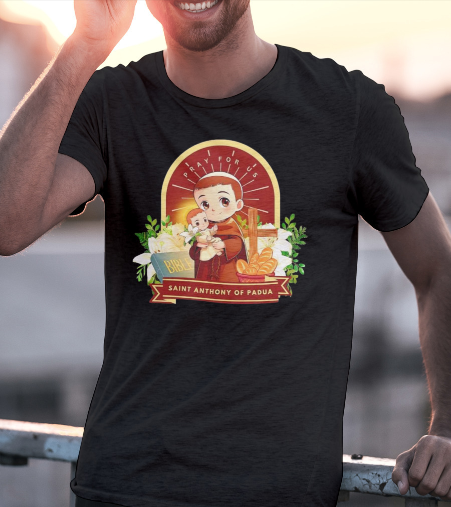 Saint Anthony Of Padua Pray For Us Cartoon With Bible And Bread T-Shirt