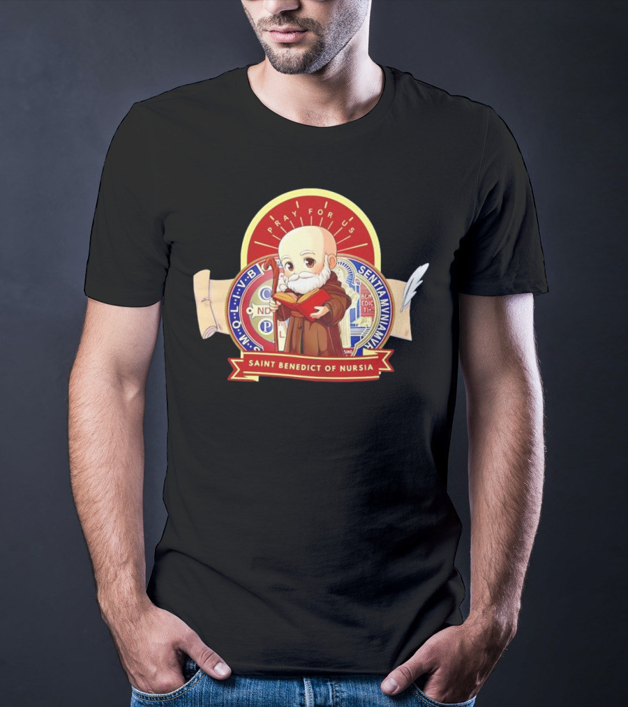 Saint Benedict Of Nursia Pray For Us Cartoon M O L I V B Senitas Munian E I V B Benedict II O S Smqlv X O P S V R S M Q L I V B P A X C S P B T-Shirt