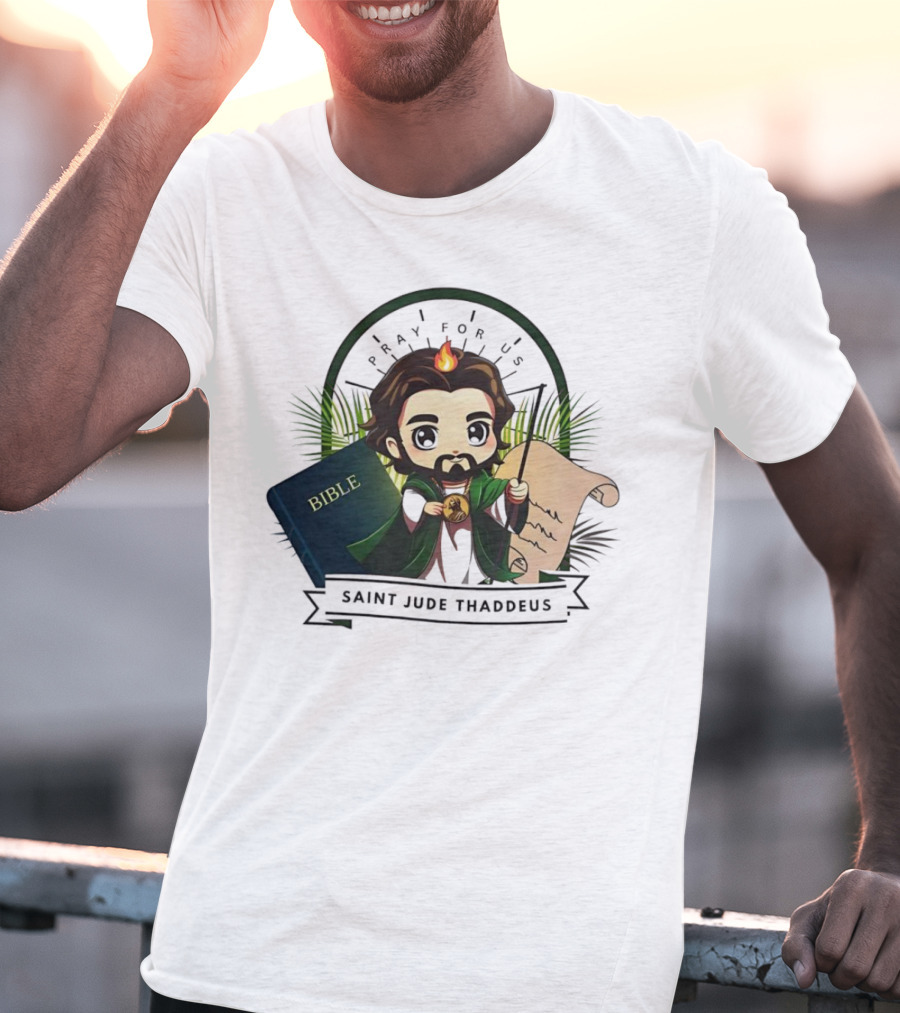 Saint Jude Thaddeus Pray For Us Cartoon Bible Scroll Flame T-Shirt