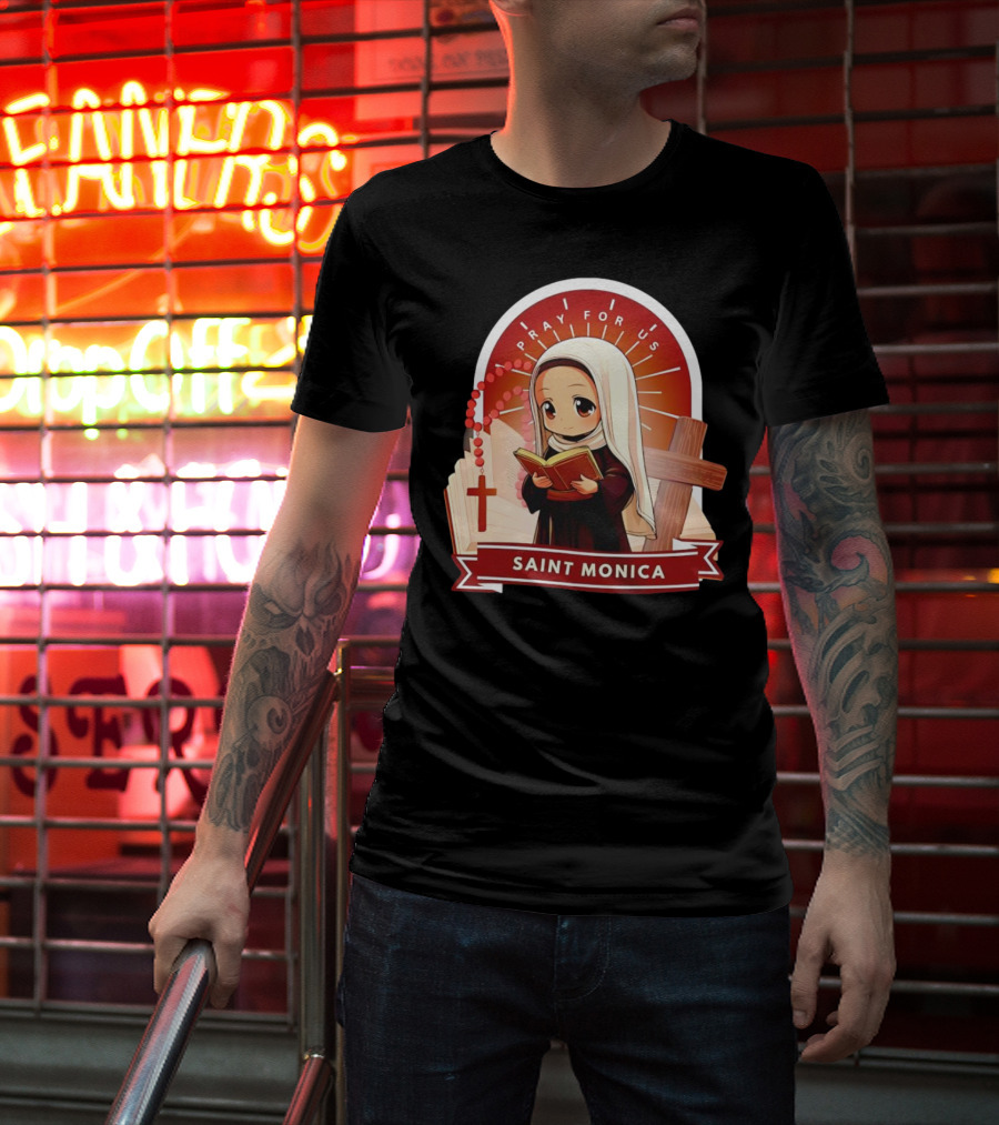 Saint Monica Pray For Us Cartoon Hippo Theme With Book And Cross T-Shirt