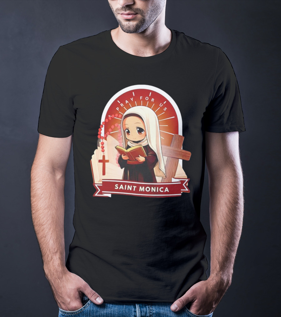 Saint Monica Pray For Us Cartoon Hippo Theme With Book And Cross T-Shirt