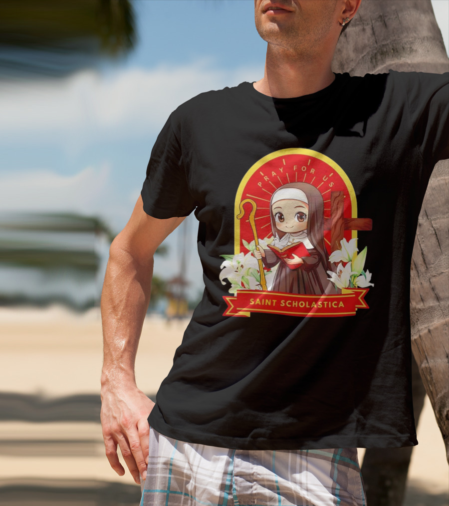 Saint Scholastica Pray For Us Cartoon Cute Nun Illustration With Cross And Flowers T-Shirt
