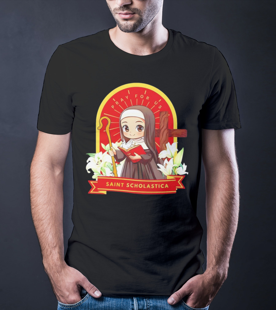 Saint Scholastica Pray For Us Cartoon Cute Nun Illustration With Cross And Flowers T-Shirt
