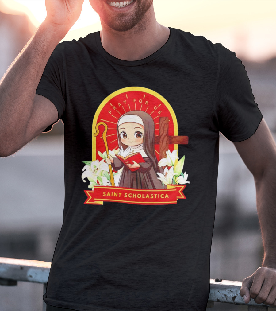 Saint Scholastica Pray For Us Cartoon Cute Nun Illustration With Cross And Flowers T-Shirt