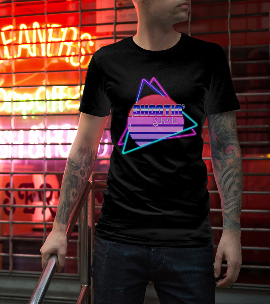 Shootin’ Sh*t Neon Retro 80's Style Triangles And Sunset Stripes T-Shirt