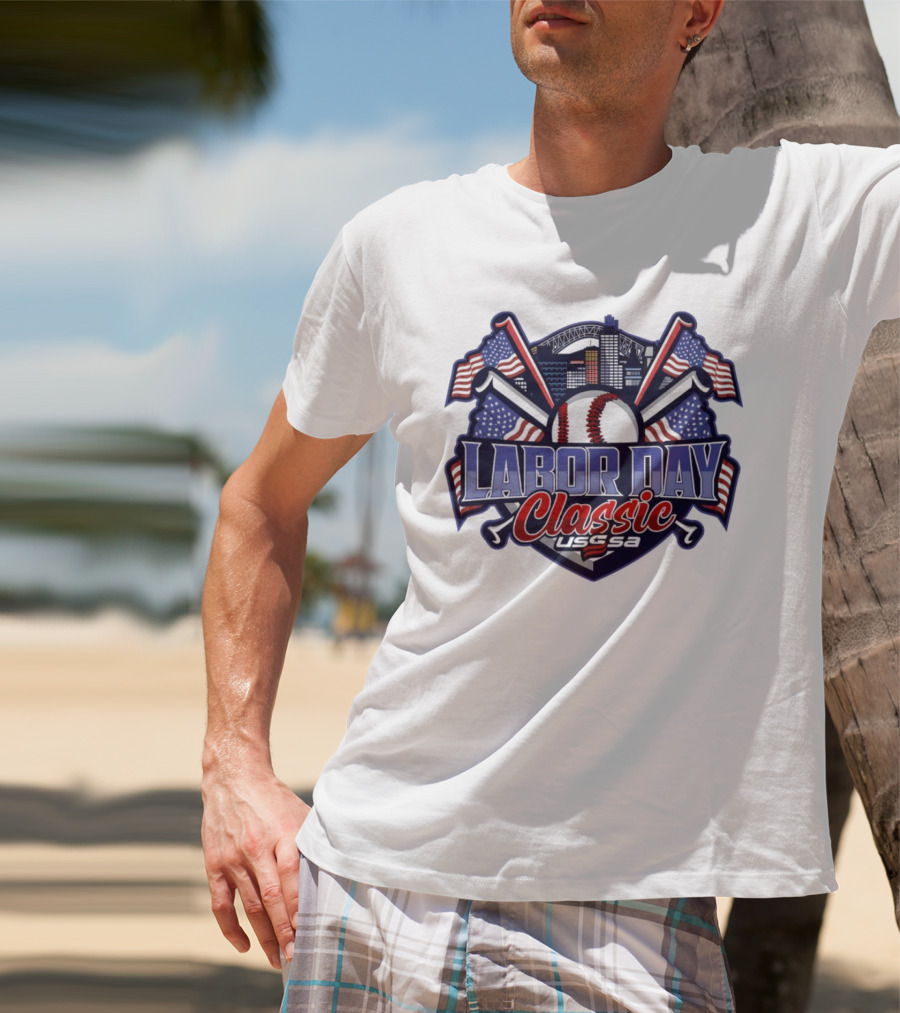 Labor Day Classic USSSA Baseball Crossed Bats And American Flag Themed Shield Logo T-Shirt