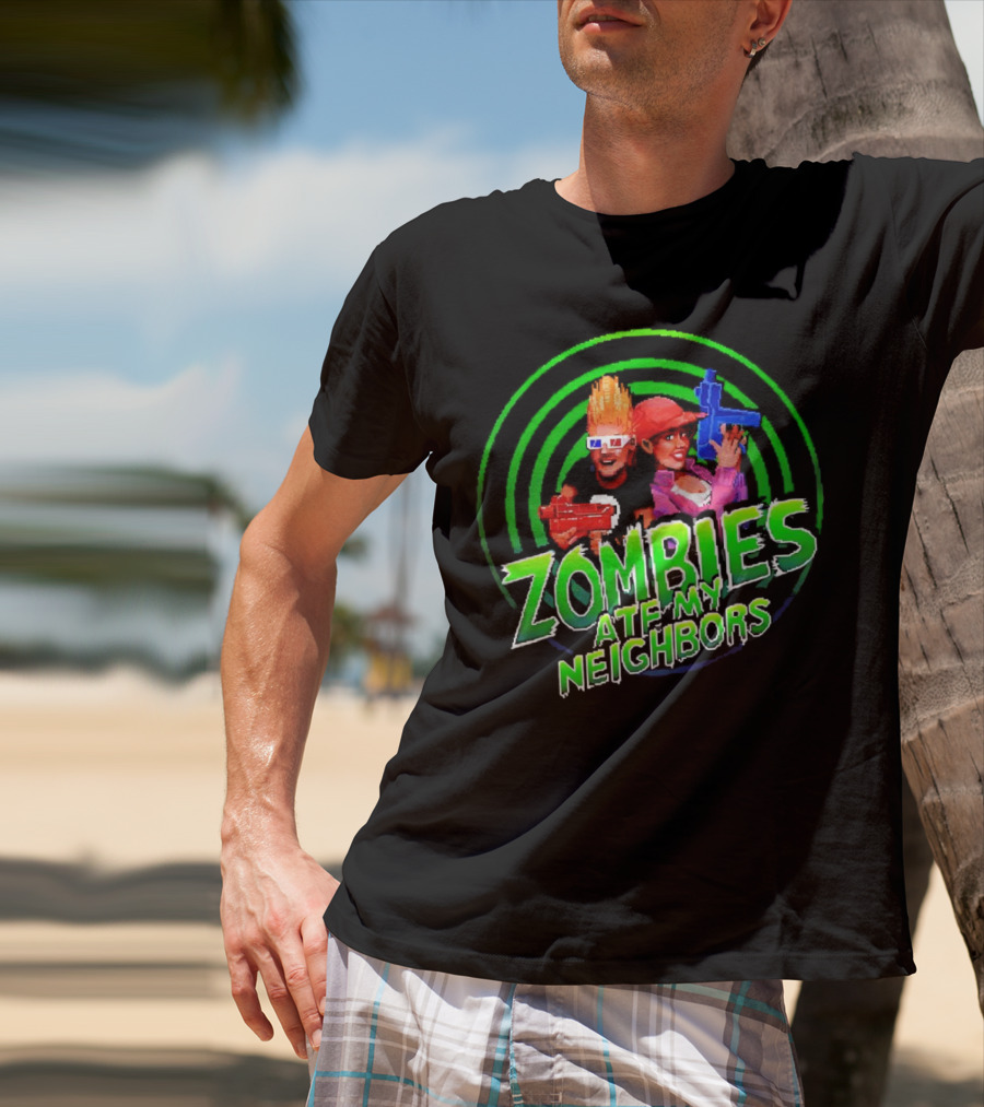 Zombies Ate My Neighbors Zombie Hunters Game Retro Style 90s Arcade Action Kids With Toy Blasters T-Shirt