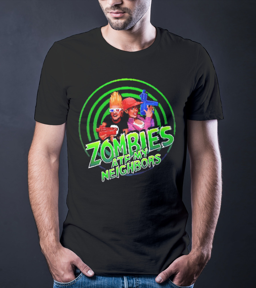 Zombies Ate My Neighbors Zombie Hunters Game Retro Style 90s Arcade Action Kids With Toy Blasters T-Shirt