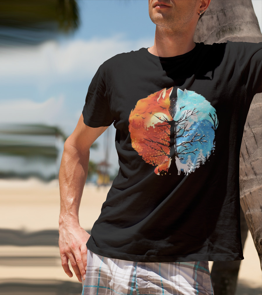 Fire And Ice Fox Dual Seasons Tree T-Shirt