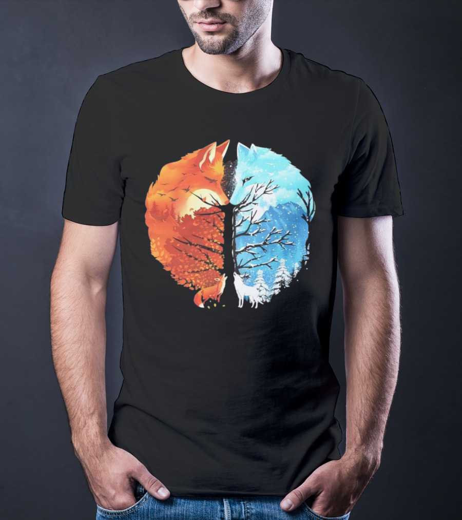 Fire And Ice Fox Dual Seasons Tree T-Shirt