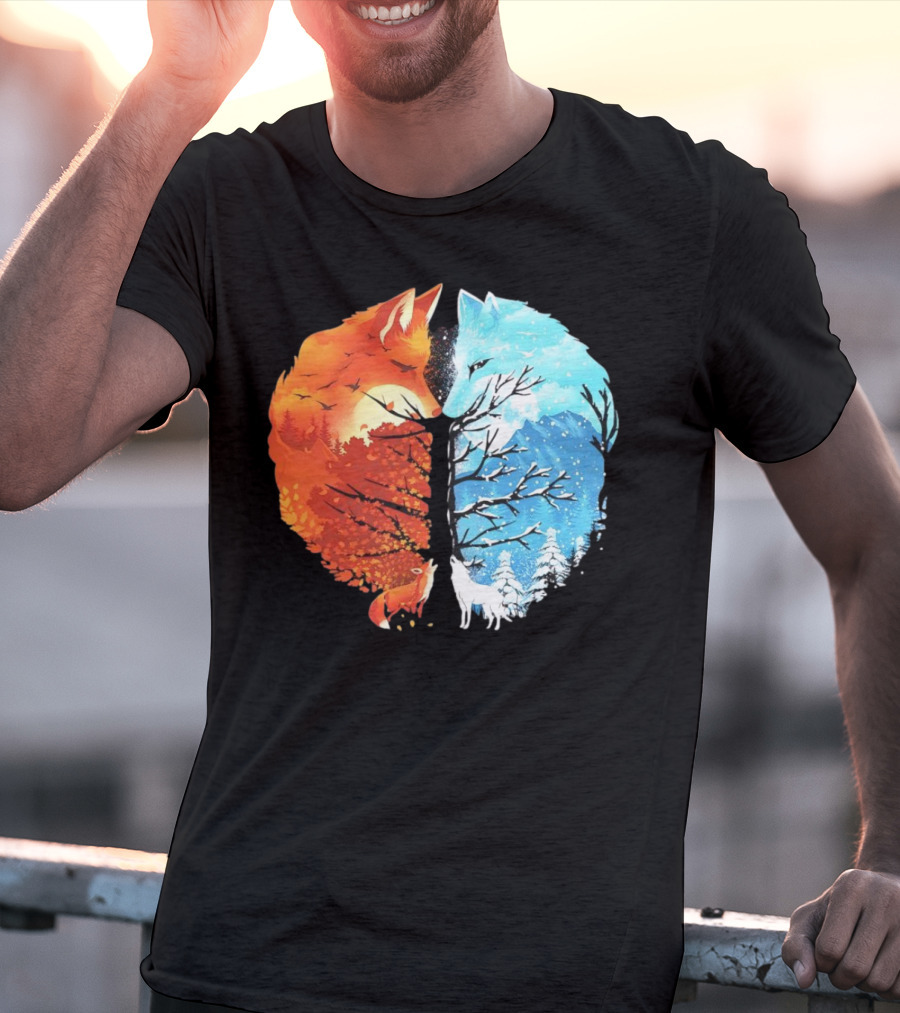 Fire And Ice Fox Dual Seasons Tree T-Shirt