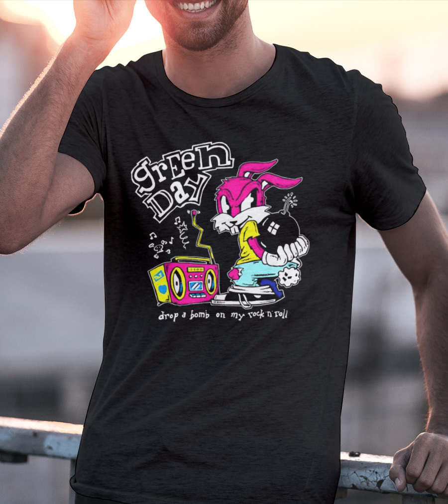 Green Day Drop A Bomb On My Rock ‘N’ Roll Pink Rabbit And Boombox T-Shirt