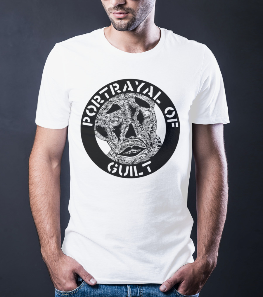 PORTRAYAL OF GUILT Circle Logo With Abstract Face T-Shirt