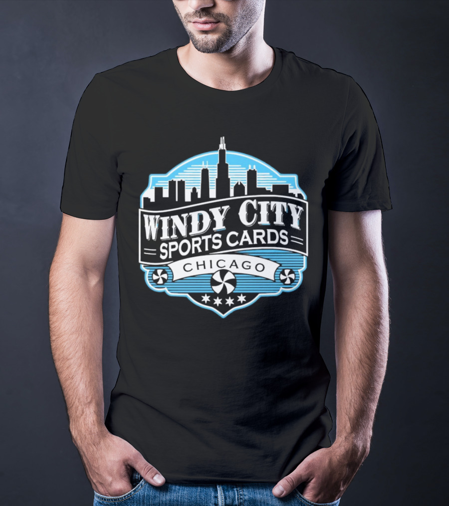 Windy City Sports Cards Chicago Skyline With Stars And Peppermint Swirls T-Shirt