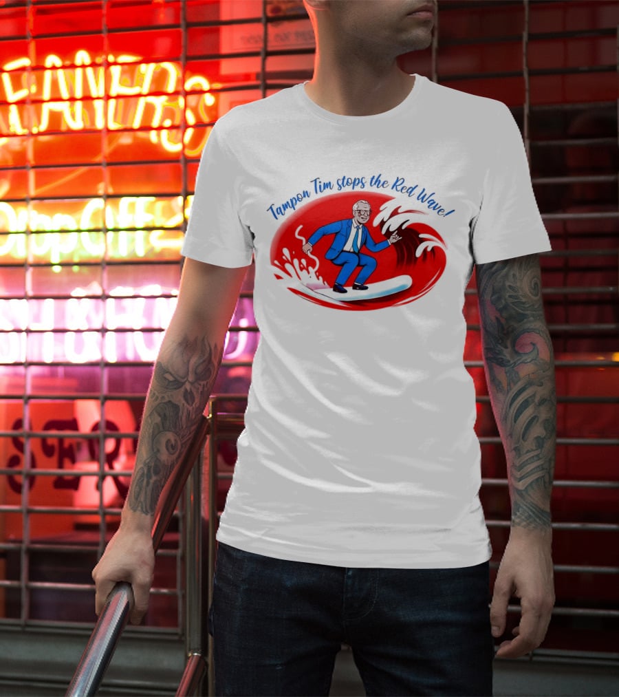 Tampon Tim Stops The Red Wave Surfing Cartoon T-Shirt