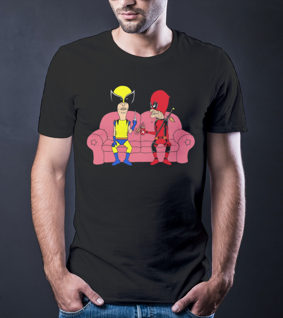 Beavis And Butt-Head X Deadpool And Wolverine Characters Crossover Cartoon Sitting On Couch T-Shirt