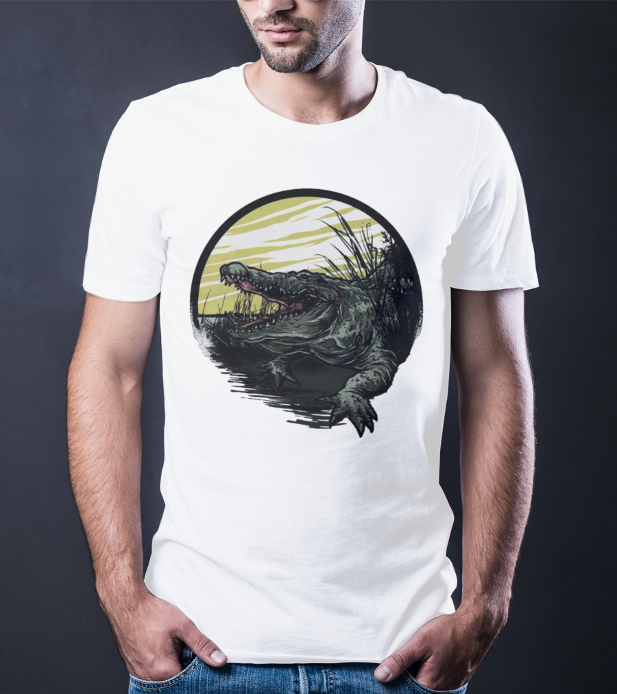 Crocodile Emerging From Water With Yellow Sky And Reeds T-Shirt