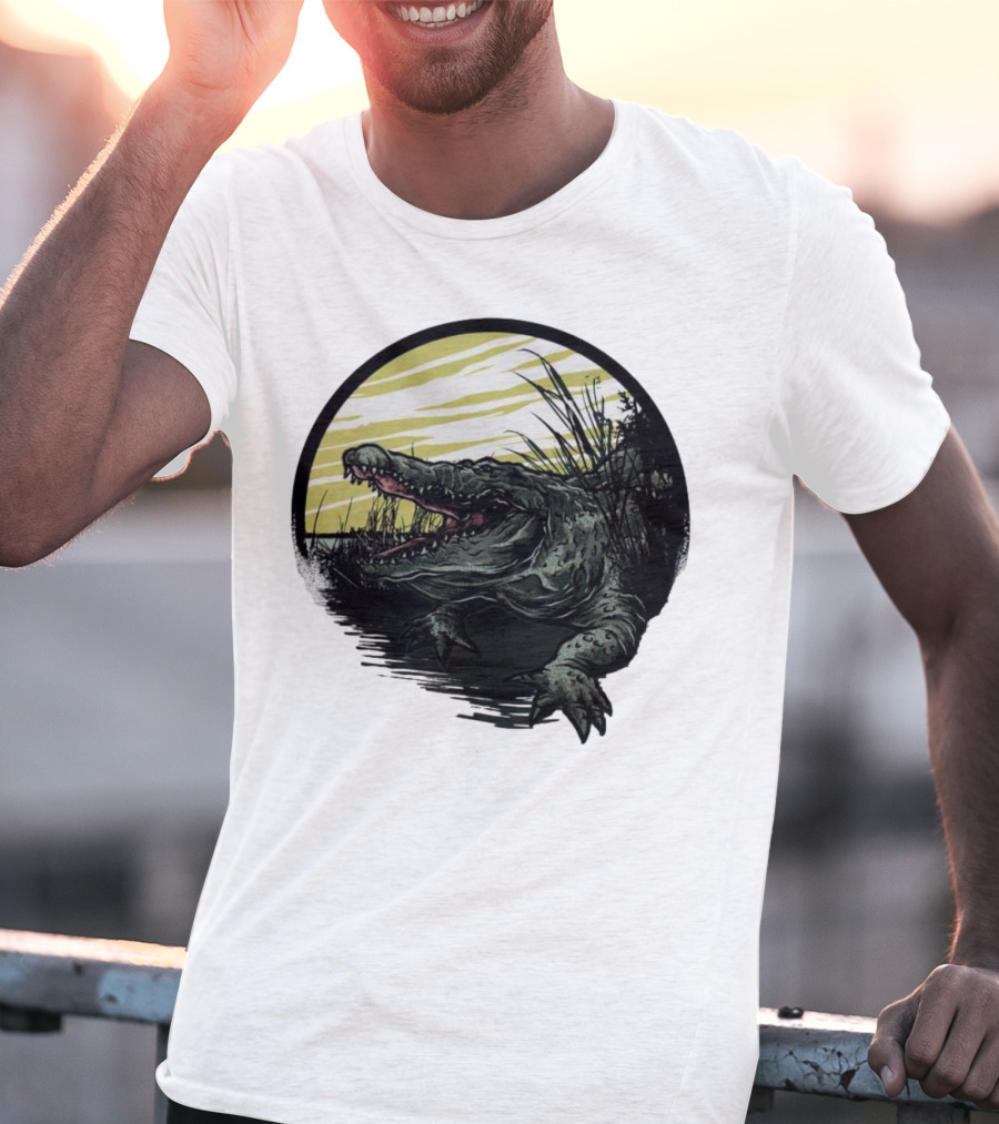 Crocodile Emerging From Water With Yellow Sky And Reeds T-Shirt