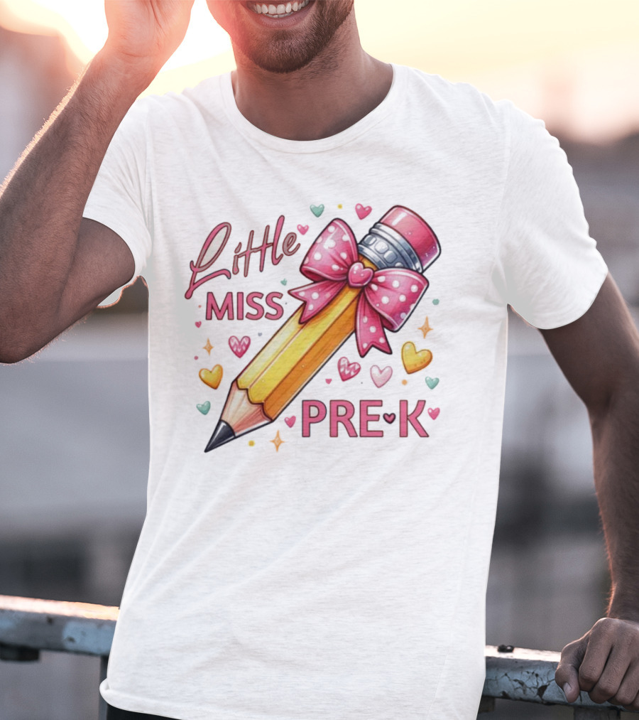 Little Miss Pre-K Pencil With Pink Bow And Hearts T-Shirt