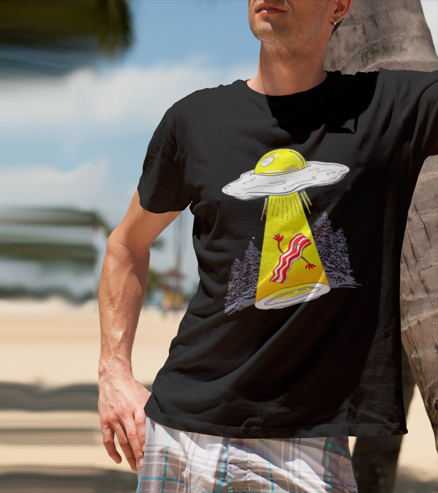 Wonder Nation Alien Breakfast Egg UFO Beaming Up A Walking Bacon Slice In Forest T-Shirt