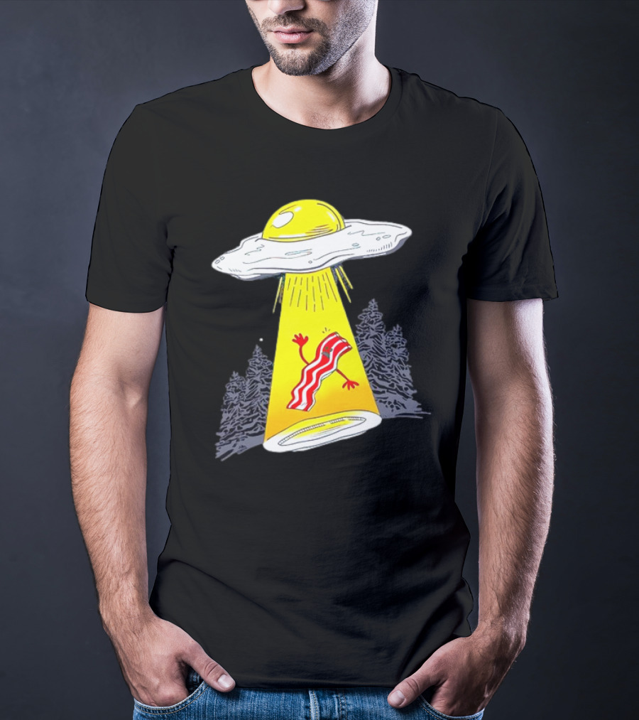 Wonder Nation Alien Breakfast Egg UFO Beaming Up A Walking Bacon Slice In Forest T-Shirt
