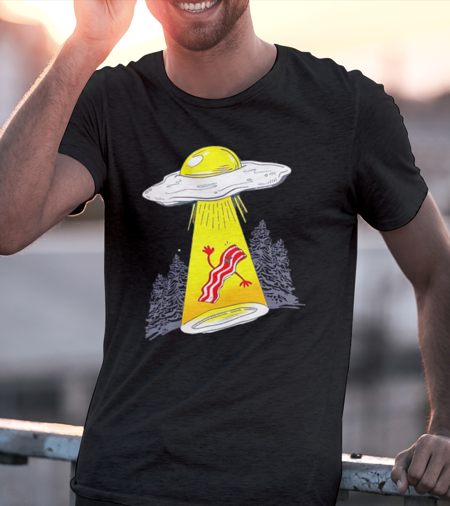 Wonder Nation Alien Breakfast Egg UFO Beaming Up A Walking Bacon Slice In Forest T-Shirt