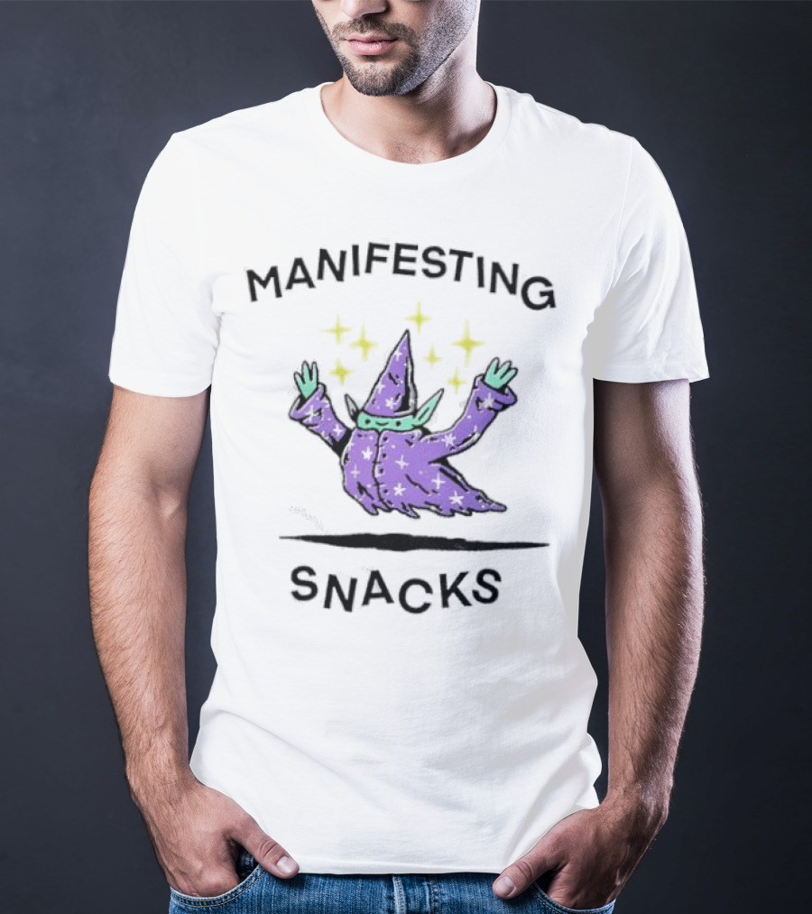Manifesting Snacks Flying Wizard With Stars T-Shirt