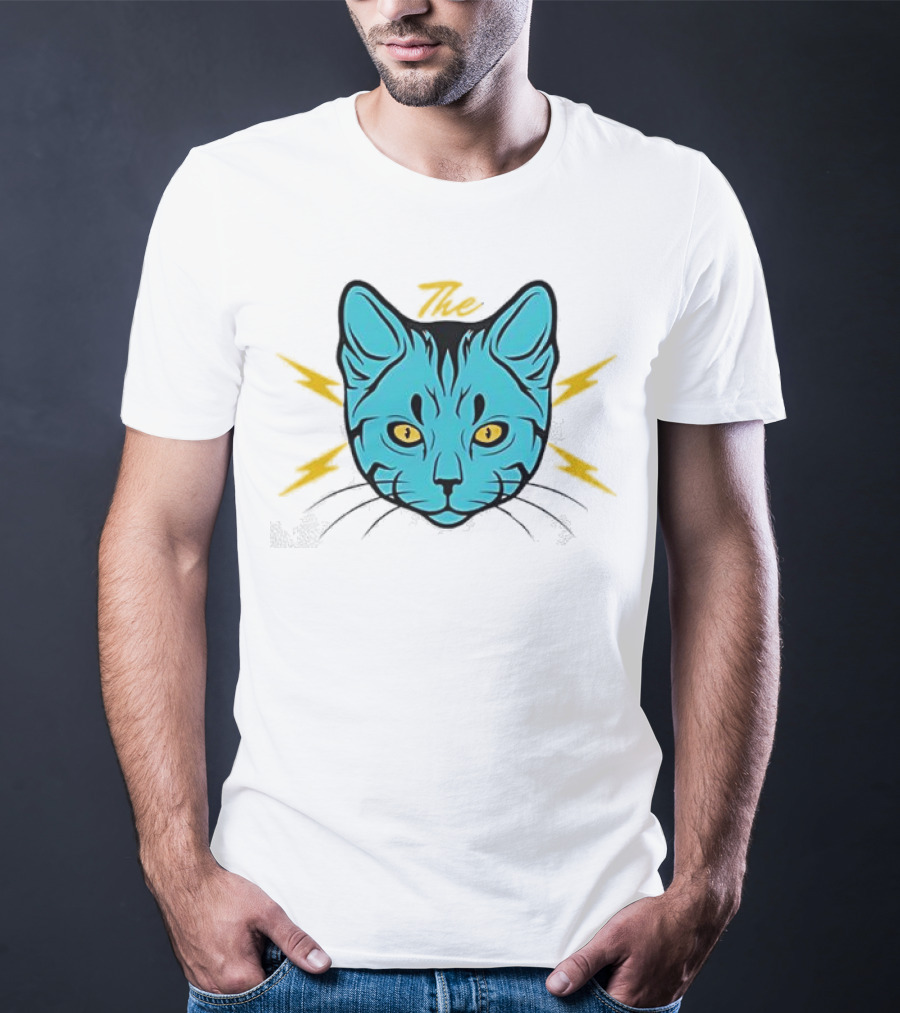 The Cat Thunder Studio Blue Cat Head With Yellow Lightning Bolts T-Shirt