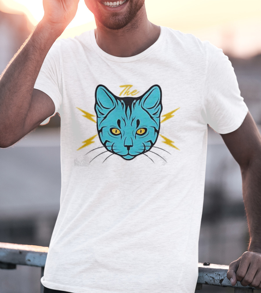 The Cat Thunder Studio Blue Cat Head With Yellow Lightning Bolts T-Shirt
