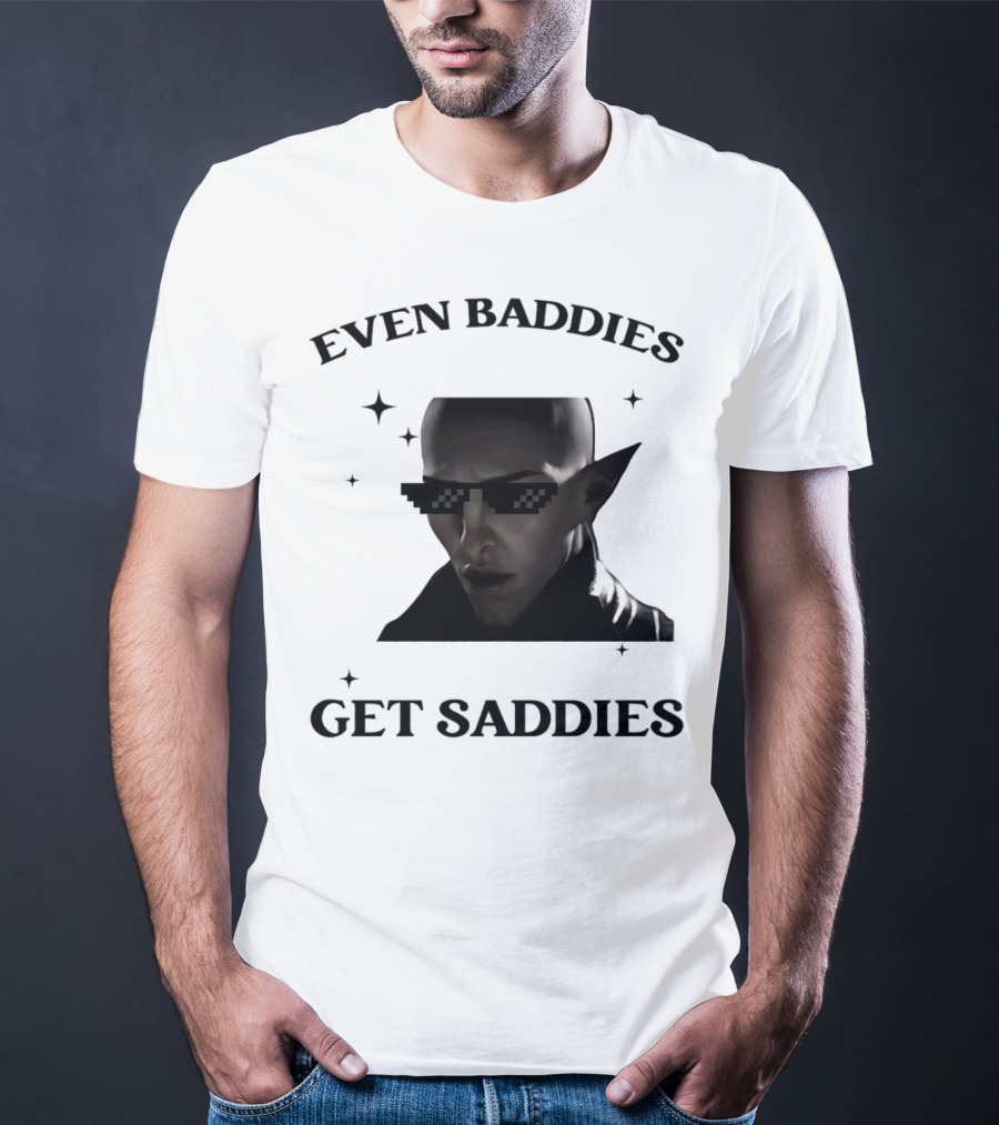 Even Baddies Get Saddies Pixelated Sunglasses Bald Elf Character T-Shirt