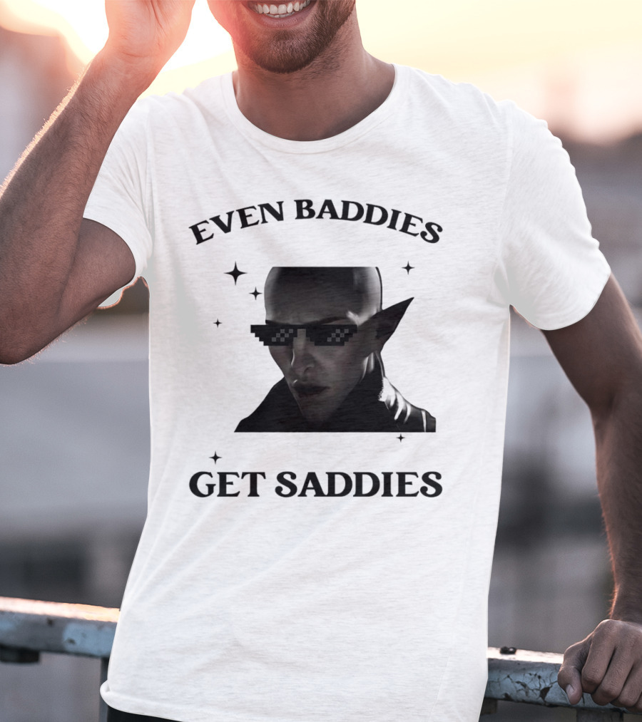 Even Baddies Get Saddies Pixelated Sunglasses Bald Elf Character T-Shirt