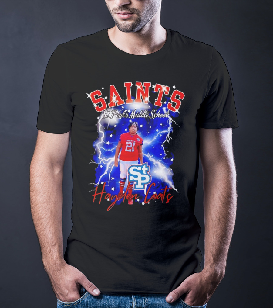 Saints St Paul’s Middle School Football Hayden Coats 21 Lightning Background T-Shirt