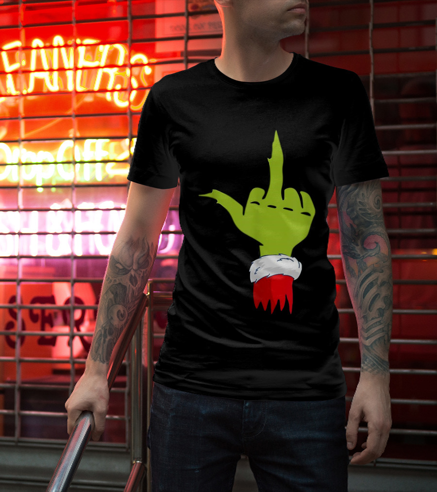 Grinch Middle Finger Merry Christmas Santa Hand Gesture T-Shirt