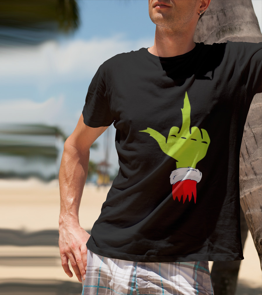 Grinch Middle Finger Merry Christmas Santa Hand Gesture T-Shirt