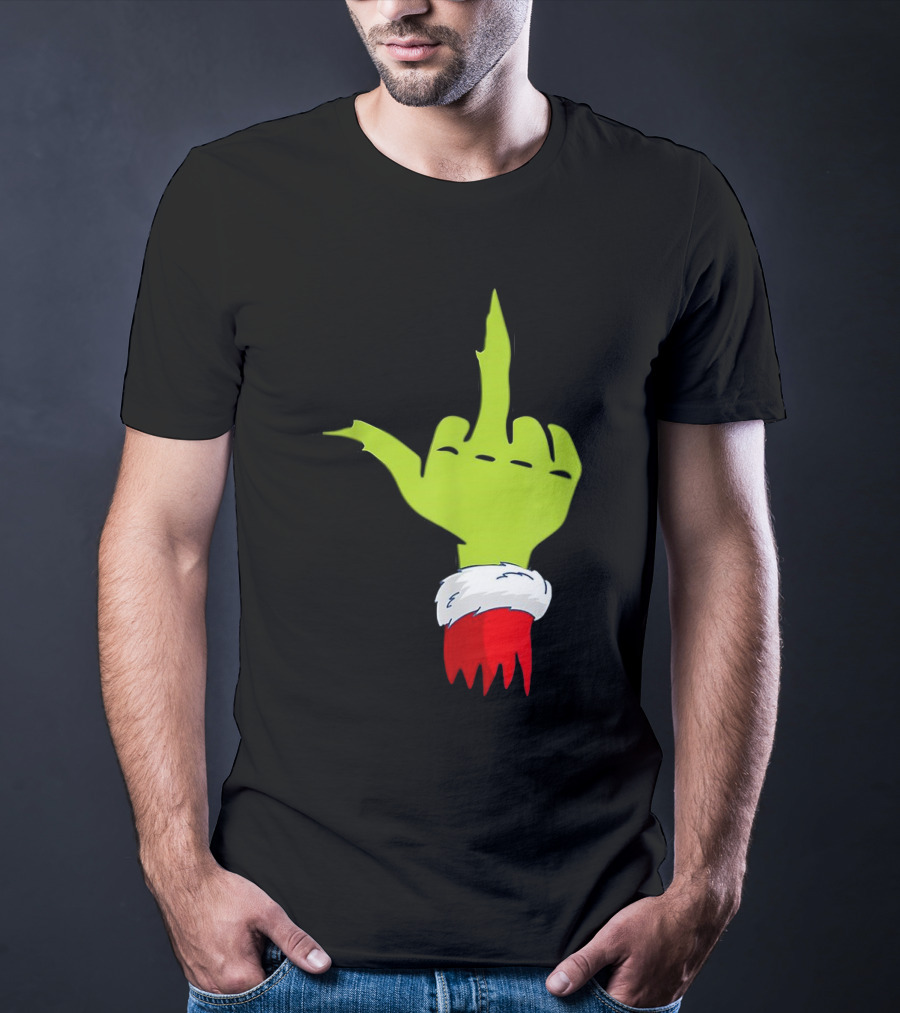Grinch Middle Finger Merry Christmas Santa Hand Gesture T-Shirt