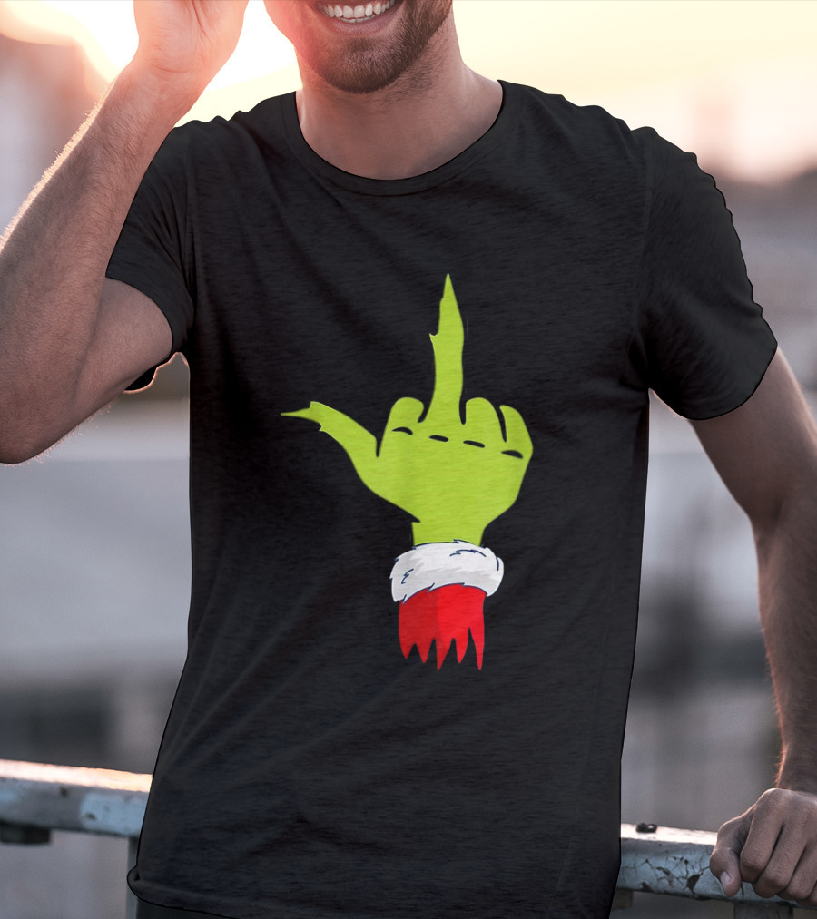 Grinch Middle Finger Merry Christmas Santa Hand Gesture T-Shirt