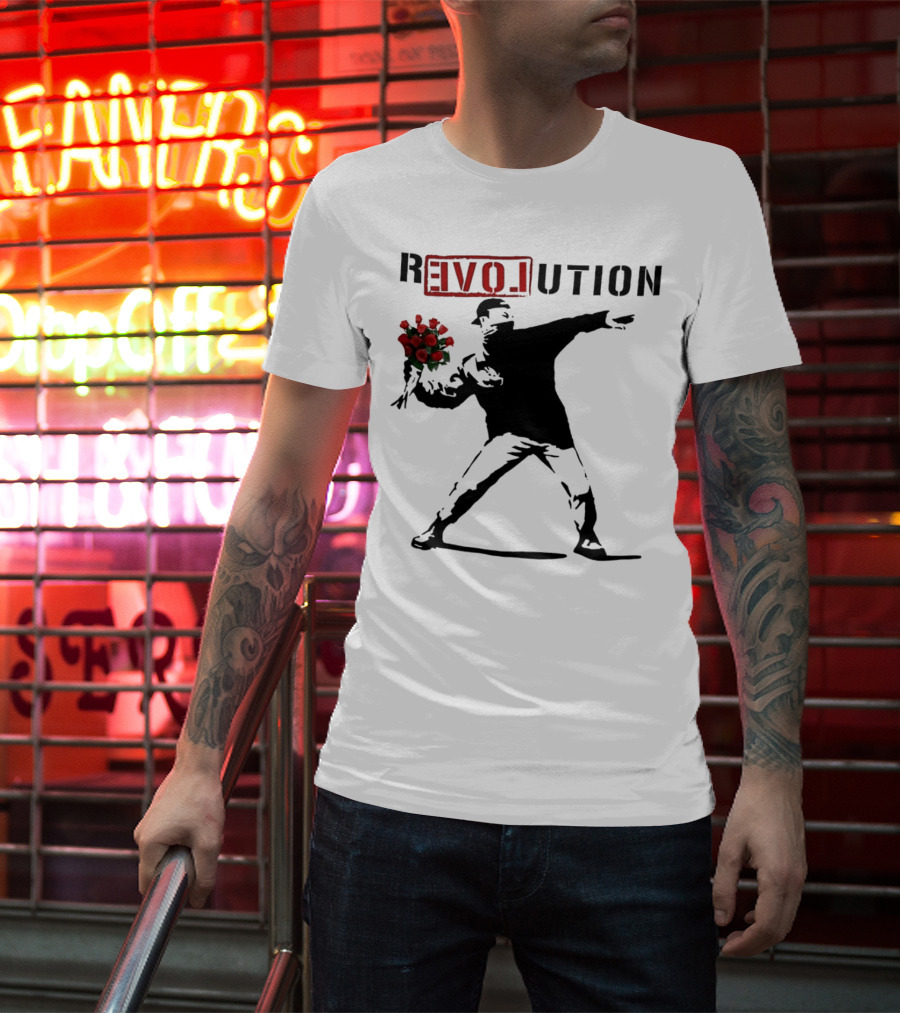 Revolution Rage Flower Thrower Banksy Stencil Roses T-Shirt