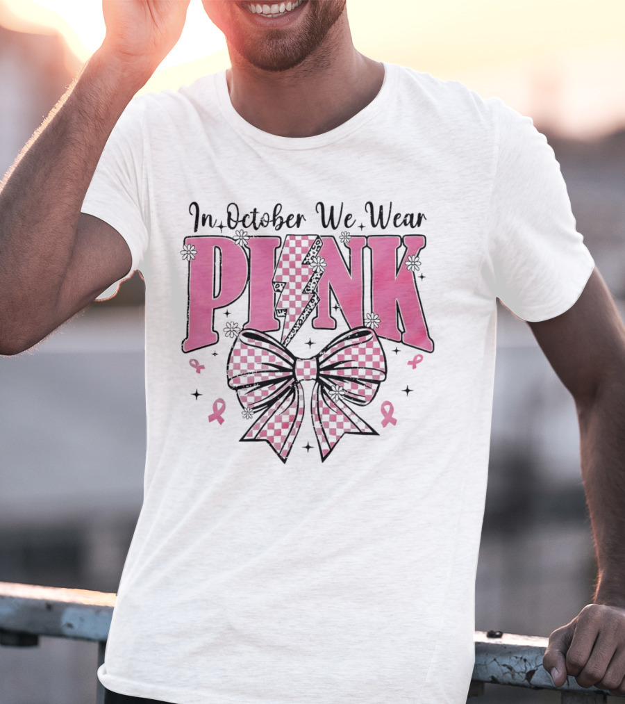 In October We Wear Pink Checkered Bow Lightning T-Shirt
