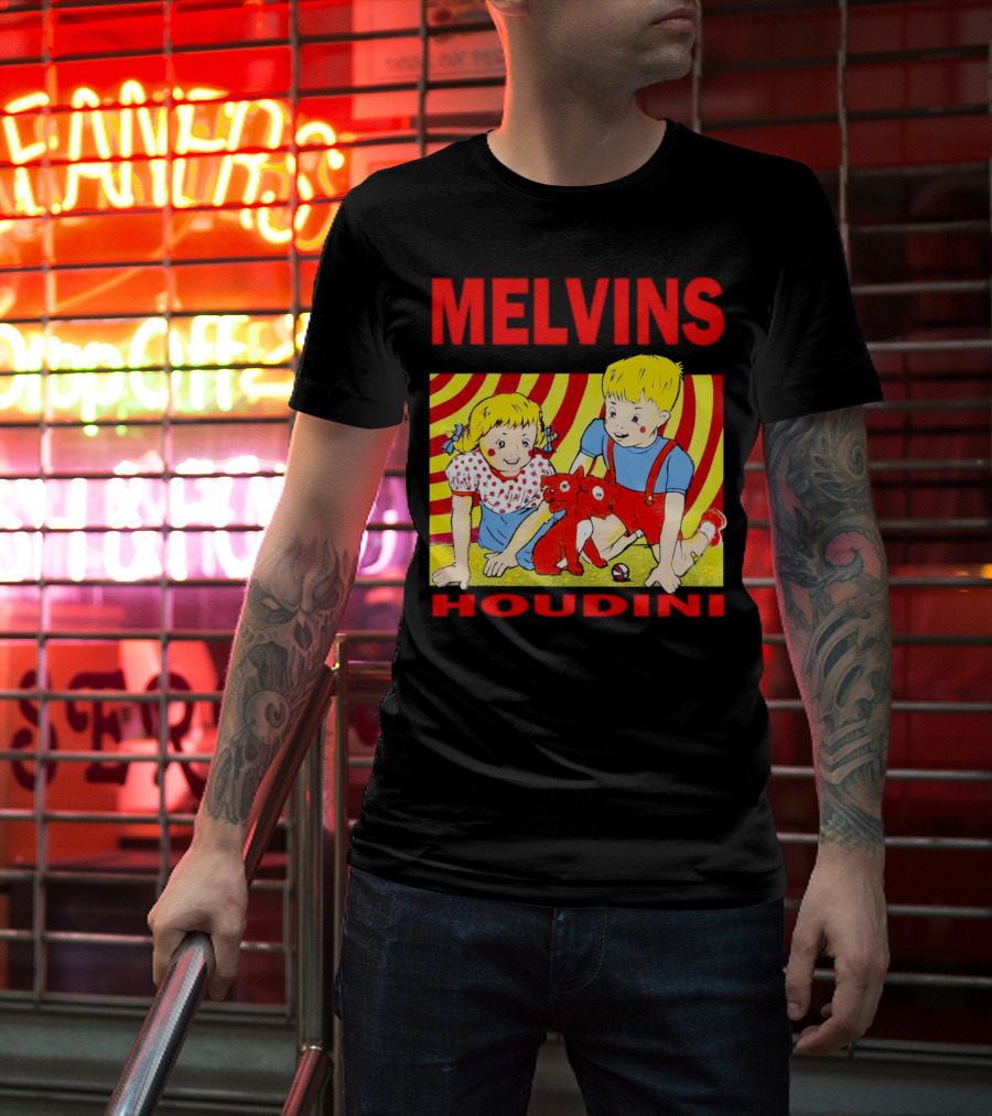 Melvins Houdini Late 00s Jerks Kids With Red Dog And Swirling Red Yellow Background T-Shirt