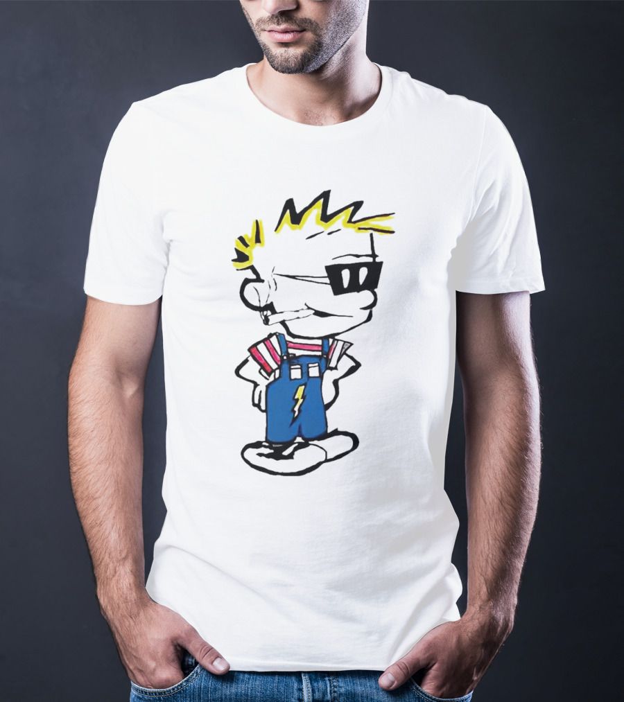 Calvin And Hobbes Spaceman Spiff Lightning Overalls Yellow Hair Sunglasses T-Shirt