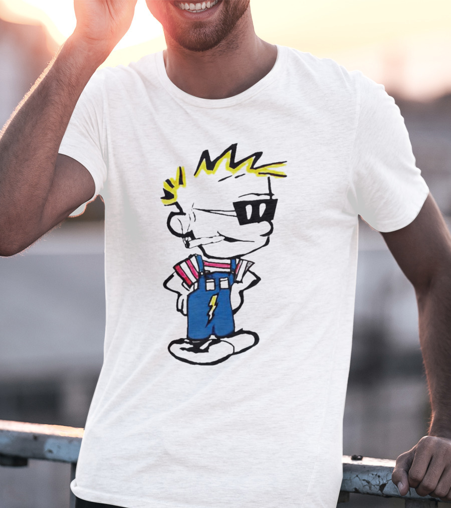 Calvin And Hobbes Spaceman Spiff Lightning Overalls Yellow Hair Sunglasses T-Shirt