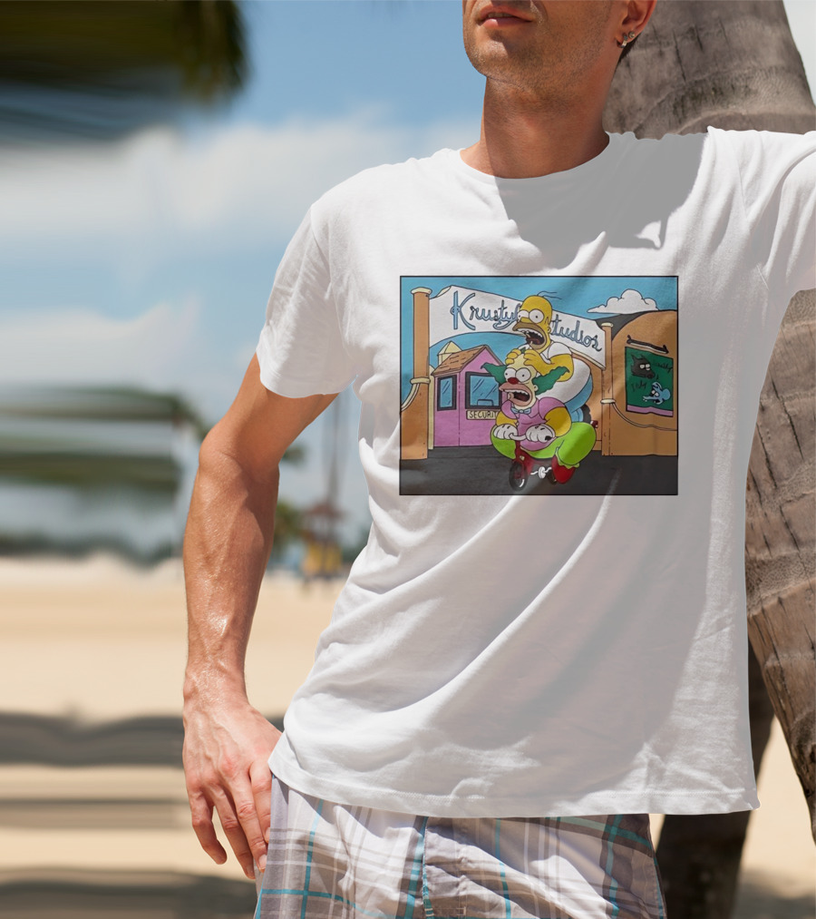 Krustyland Studios With Homer And Krusty The Clown On Bicycle From The Simpsons T-Shirt