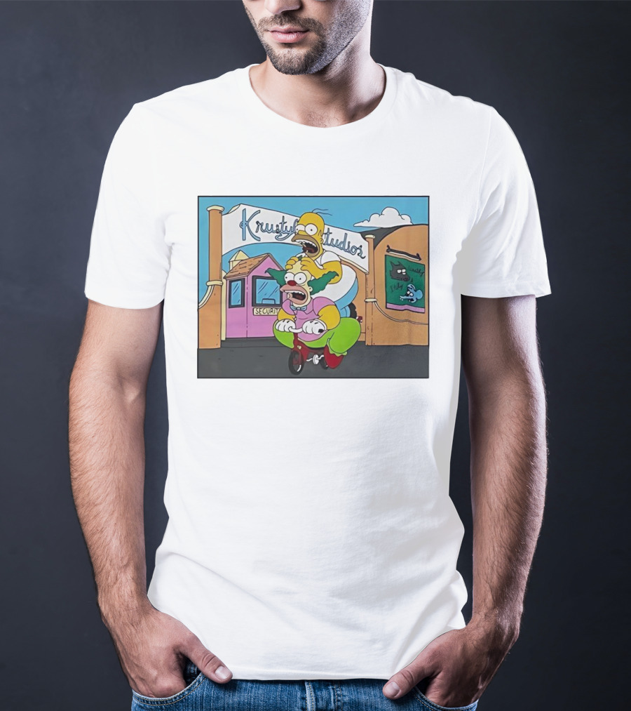Krustyland Studios With Homer And Krusty The Clown On Bicycle From The Simpsons T-Shirt