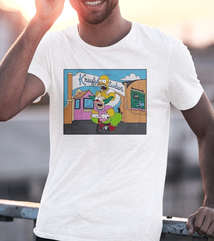 Krustyland Studios With Homer And Krusty The Clown On Bicycle From The Simpsons T-Shirt