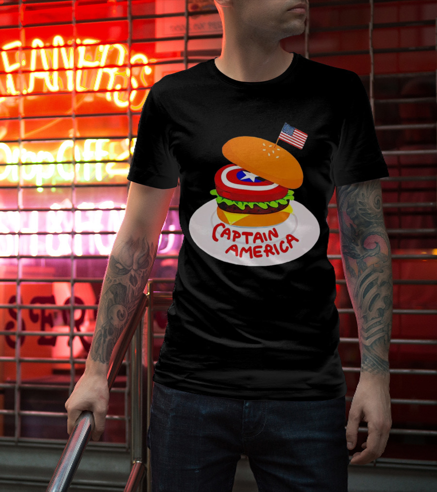 Captain America Burger With Flag And Shield Lettuce Bun T-Shirt