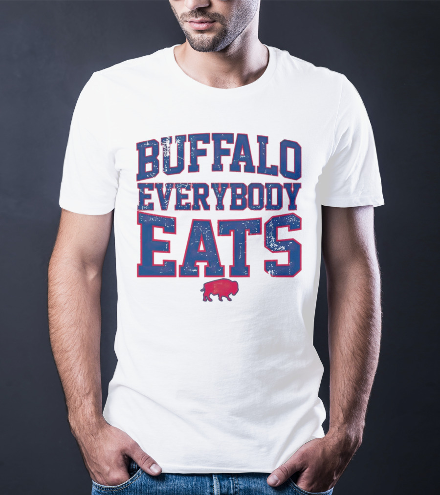 Buffalo Everybody Eats Red Bison Icon Bold Blue Letters T-Shirt